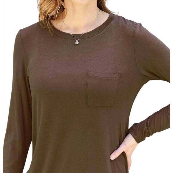 NEW BASIC BAE luxe long sleeve top with pockets in chocolate - Picture 4 of 5